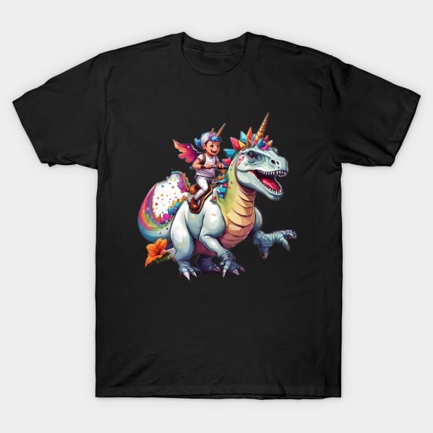 Boy Unicorn Riding Dinosaur, T-Rex Funny Unicorns Party Rainbow Squad Gifts for Kids Boys Girls T-Shirt by powerdesign01